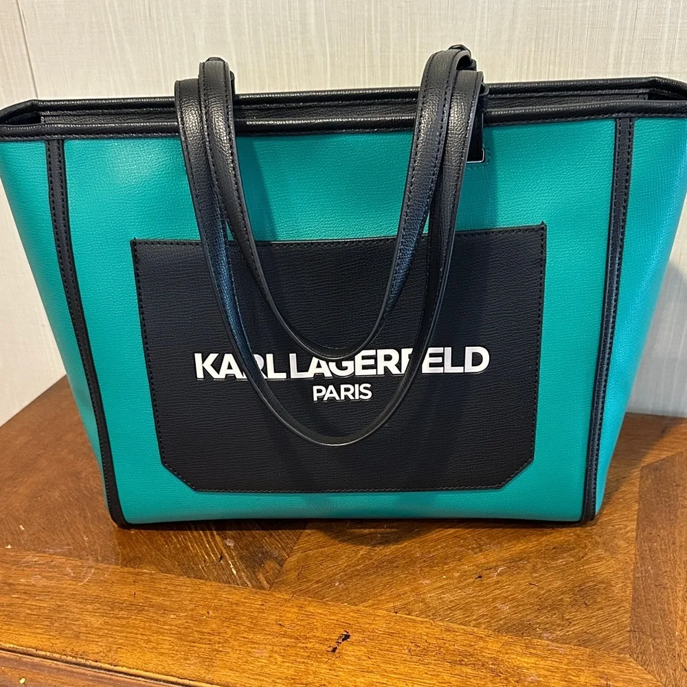 Karl Lagerfeld Turquoise and Black Tote - Picture 1 of 15